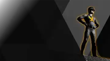 Изображение персонажа-супергероя в эффектной позе на темном фоне, рекламирующего бонус за пополнение от Адмирал Х с драматичной и уверенной позой.